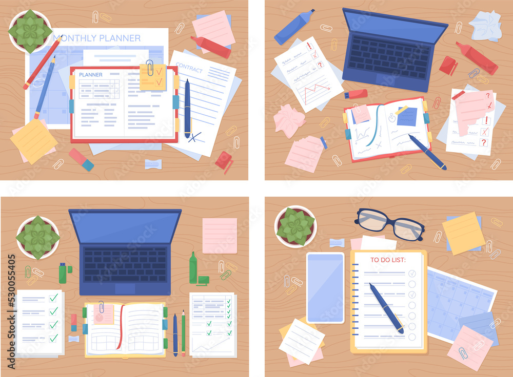 Poster study tablespace flat color raster illustration set. planning events. laptop with notebooks. textboo