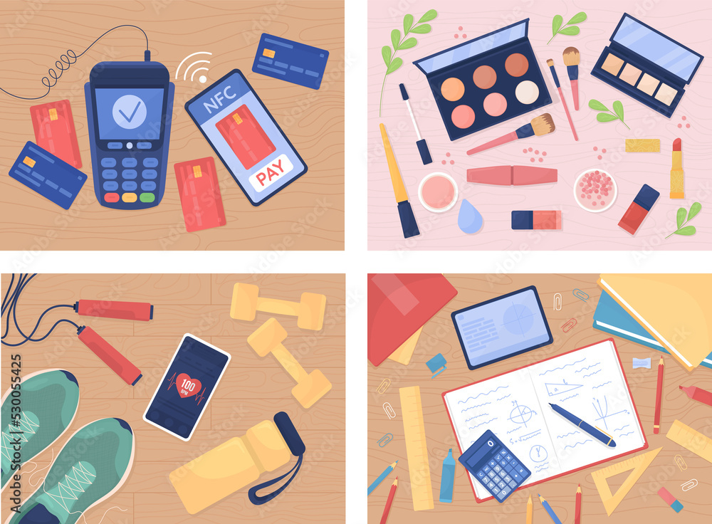 Poster tabletop with objects flat color raster illustration set. cashless payment. cosmetics products. trai
