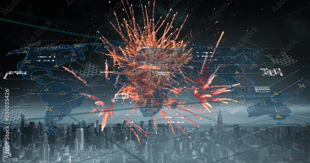 Poster Animation of fireworks and data processing over world map against aerial view of cityscape