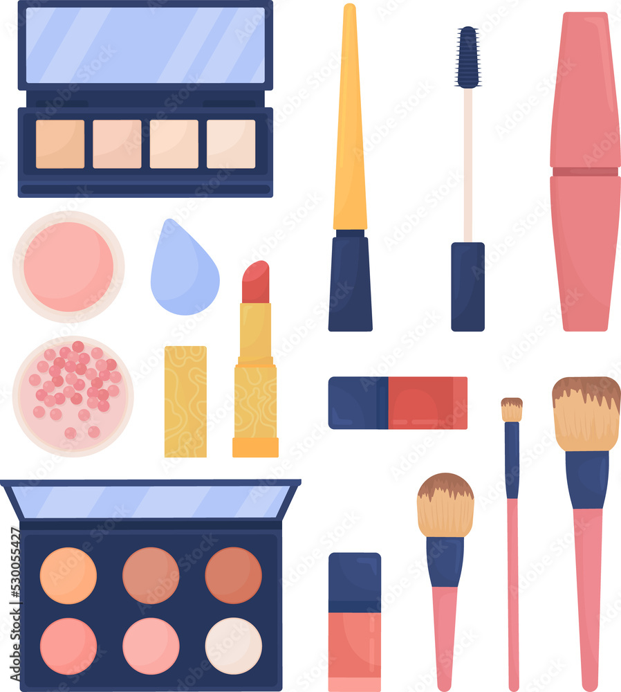 Poster cosmetics products semi flat color raster object set. beauty and make up tool. realistic item on whi