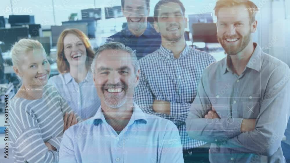 Poster animation of data processing over portrait of diverse businesspeople smiling at office