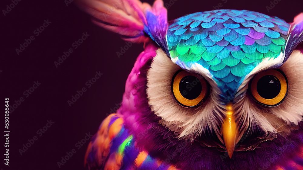 Wall mural Stylized rainbow owl, portrait.
Сartoon style owl. Poster and Wall Art Prints. 