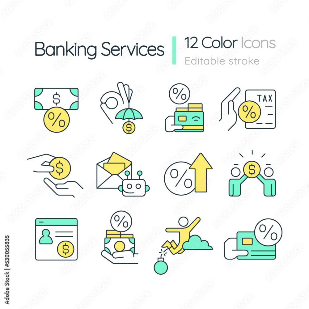 Poster banking services rgb color icons set. financial products for customers. isolated vector illustration