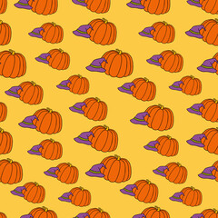 Autumn seamless pattern, square background, hand drawn pumpkins