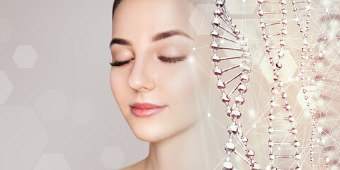 Beautiful sensual woman and glass DNA stems over beige background.
