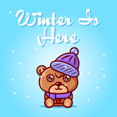 cute illustration of a bear wearing a hat celebrating winter