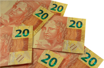 Twenty reais banknotes from Brazil.