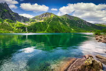 Amazing landscape of the Eye of the Sea Lake in Tatra Mountains, Poland - obrazy, fototapety, plakaty