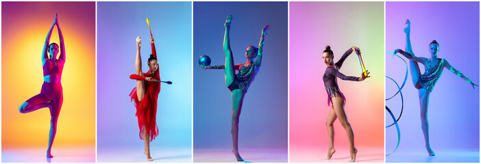 Collage. Portraits of young sportive women, female rhythmic gymnast performing, training and doing yoga over multicolored background in neon light