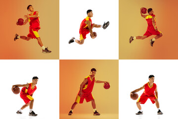 Collage. Portraits of sportive young man, basketball player in red uniform motion isolated over orange background in neon light.