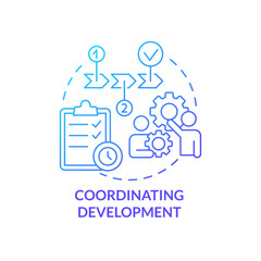 Coordinating development blue gradient concept icon. Build realization plan. Product management abstract idea thin line illustration. Isolated outline drawing. Myriad Pro-Bold font used