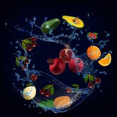 Obraz na płótnie Canvas Wallpaper with fruits in water - juicy avocado, pineapple, pomegranate, cherry, orange, raspberry the main part of medical diets