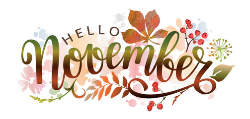 Hello November. Handwritten lettering with autumn leaves. Word for typography, postcard, calendar, monthly organizer.