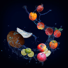 Fototapeta na wymiar Wallpaper with fruits in water - juicy coconut, apple, persimmon, lime, plum, peach filled with pleasure