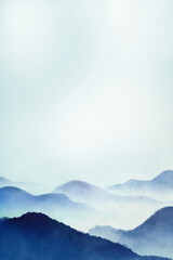 Chinese ink painting art background with landscape view of mountain and misty fog