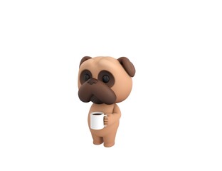 Little Pug character holding white coffee mug in 3d rendering.
