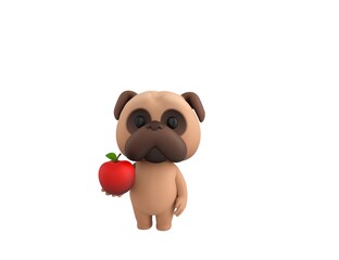 Little Pug character holding red apple in 3d rendering.