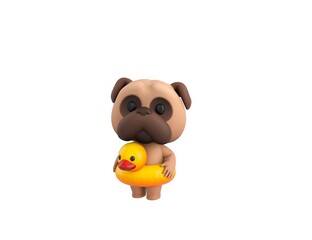 Little Pug character with inflatable duck ring in 3d rendering.