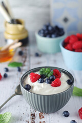 A bowl with Greek yogurt with berries 