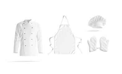 Blank white chef jacket, apron, hat and oven mitt mockup,