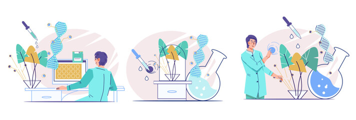Bioengineering and Genetic DNA science laboratory set. Scientists research DNA in laboratory, flat vector illustration isolated on white background.