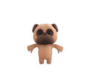 Fototapeta premium Little Pug character showing thumb down with two hands in 3d rendering.