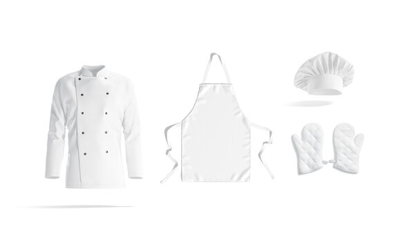 Blank White Chef Jacket, Apron, Hat And Oven Mitt Mockup,