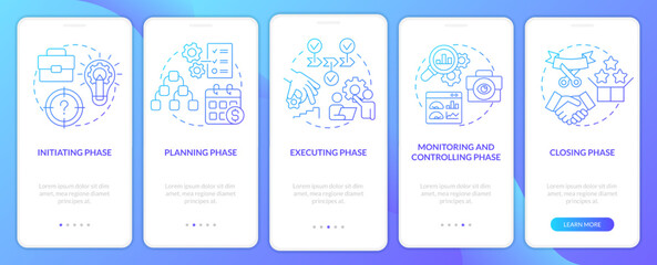 Phases of project management blue gradient onboarding mobile app screen. Walkthrough 5 steps graphic instructions with linear concepts. UI, UX, GUI template. Myriad Pro-Bold, Regular fonts used
