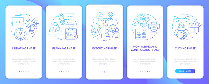Phases of project management blue gradient onboarding mobile app screen. Walkthrough 5 steps graphic instructions with linear concepts. UI, UX, GUI template. Myriad Pro-Bold, Regular fonts used