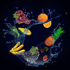 Obraz na płótnie Canvas Wallpaper with fruits in water - juicy orange, grapes, banana, pineapple, avocado the main part of medical diets