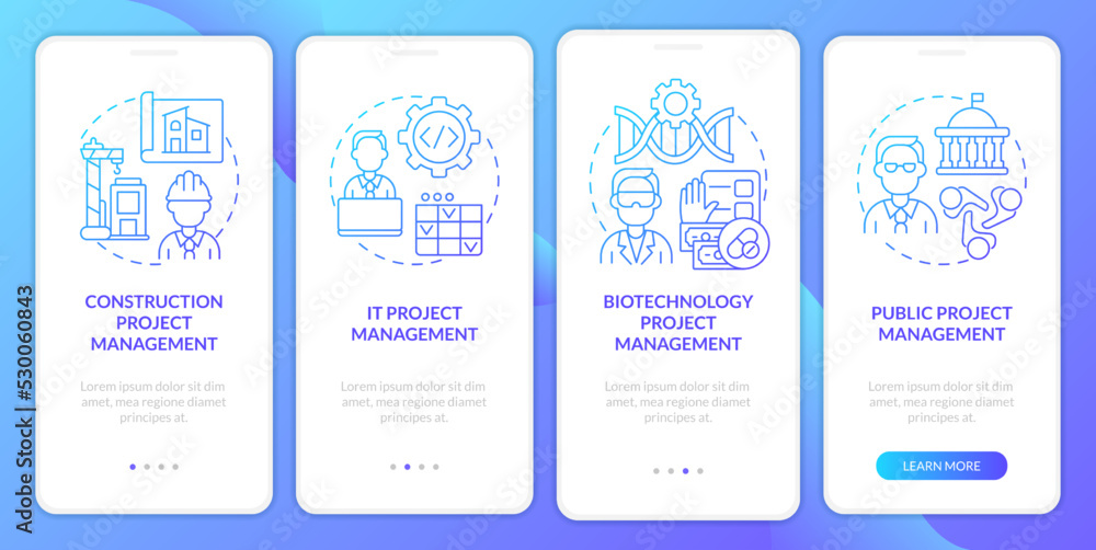 Wall mural project management types blue gradient onboarding mobile app screen. industries walkthrough 4 steps 