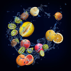 Wallpaper with fruits in water - juicy pear, kiwi, lemon, grapefruit, melon, apple are full of vitamins