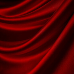 Red silk satin. Curtain. Luxury background for design. Soft folds. Shiny smooth flowing fabric....