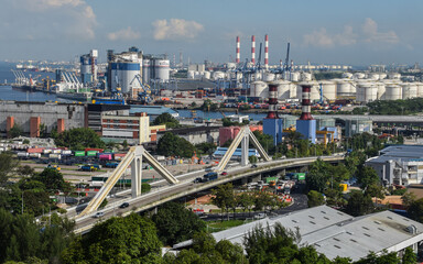 A bird's eyeview of Jurong Industrial Estate in the western part of Singapore. In the background are Jurong Port and Jurong island which is home to many petrochemical plants.