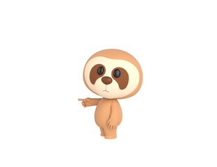 Little Sloth character pointing index finger to the left in 3d rendering.