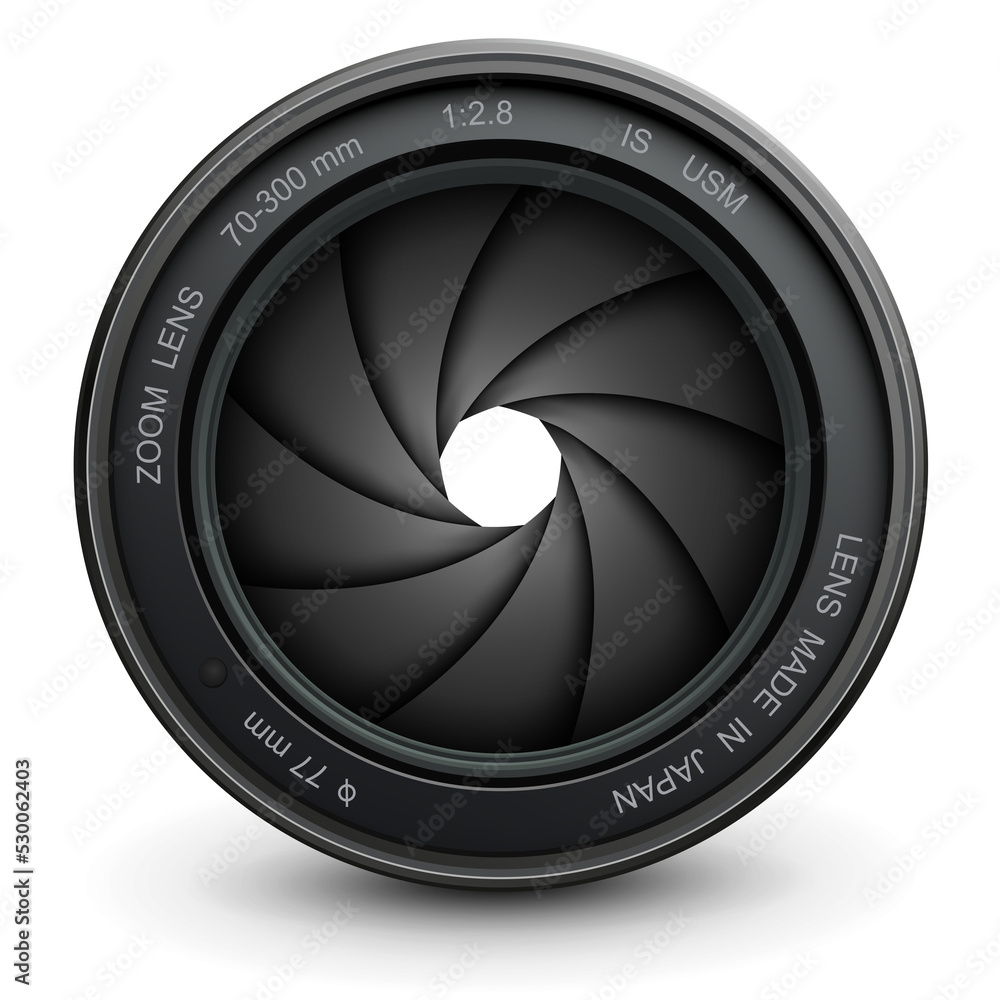 Poster camera photo lens icon with shutter isolated, 3d technology symbol illustration.