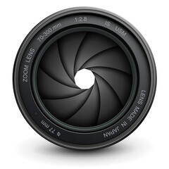 Camera photo lens icon with shutter isolated, 3D technology symbol illustration.