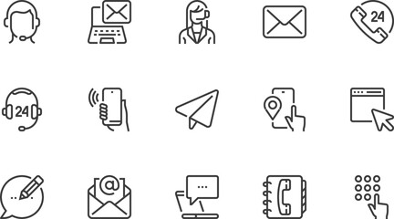 Customer Service Contact Center. Online Support, Call Center Operator. Receiving Incoming Calls. Vector Line Icons Set. Editable Stroke. Pixel Perfect.