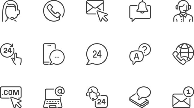 24/7 Online Support. Communication, Contact Us, Customer Service. Vector Line Icons Set. Editable Stroke. Pixel Perfect.