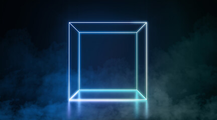 Blue neon glowing box stand in darkness with fog effect