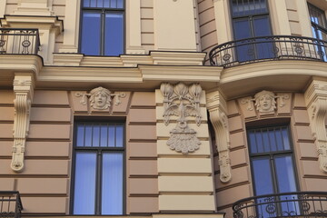 Decorative Art Nouveau elements of the house facade, Riga, Latvia.