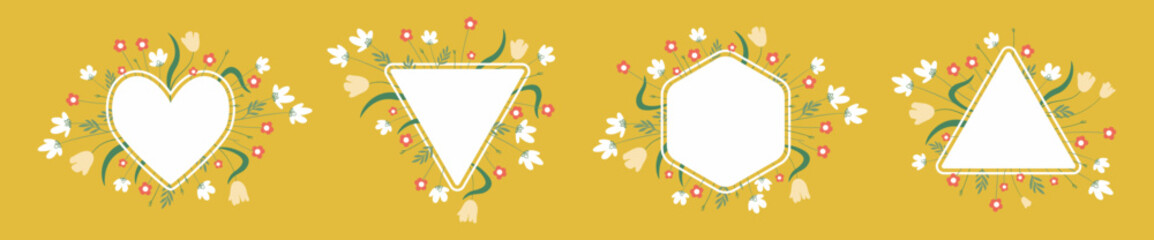 Set of horizontal floral frames with simple vector wild flowers for various wedding, party designs
