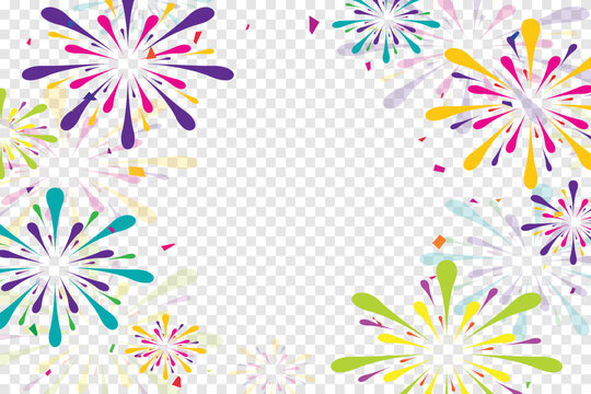 Colorful Fireworks On Transparent Background. Happy New Year 2023. Vector Illustration
