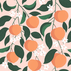 seamless pattern with peach branches with leaves and flowers on pink background - 530065061