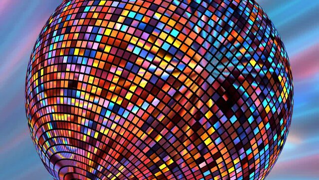 One colorful disco ball spins close-up on light background 3D 4K looped animation