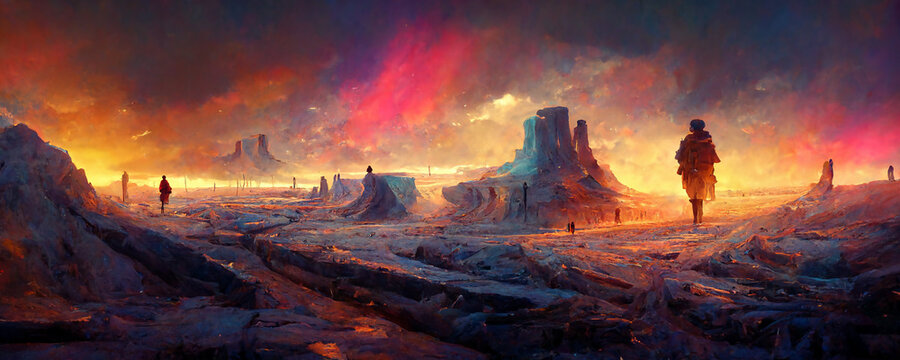 Cold Ice Desert With Glacier Mountains And Orange Blue Sky. Dystopian Landscape Digital Painting.