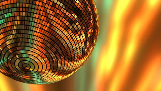 One golden disco ball spins close-up on yellow background 3D 4K looped animation with copy space