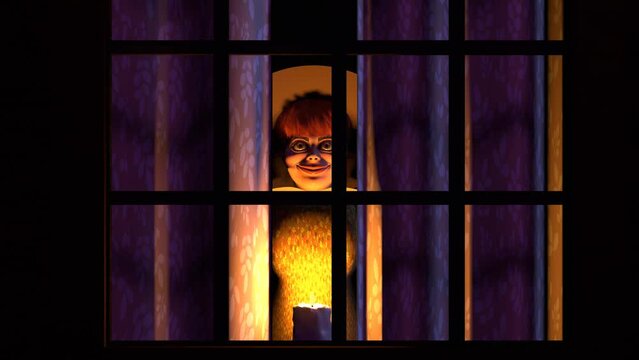 Creepy doll looks through the window 3D 4K looped animation. Spooky Halloween scene.