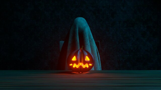 The ghost is sitting at the table with Halloween pumpkin lantern in the dark room 3D 4K loop animation