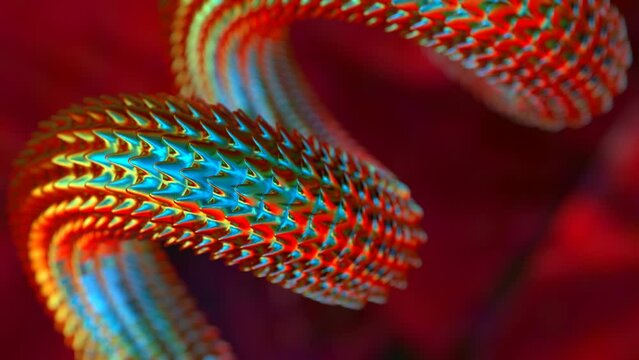 Bright vivid colorful snake body moves close-up on red background 3D 4K loop animation